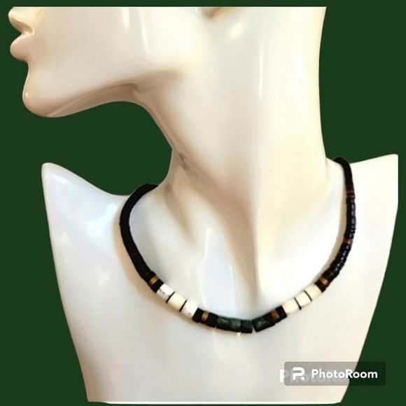 VTG SANTO DOMINGO White Brown Pen Heishi Shell Turquoise Brass Unisex Necklace - Picture 1 of 6